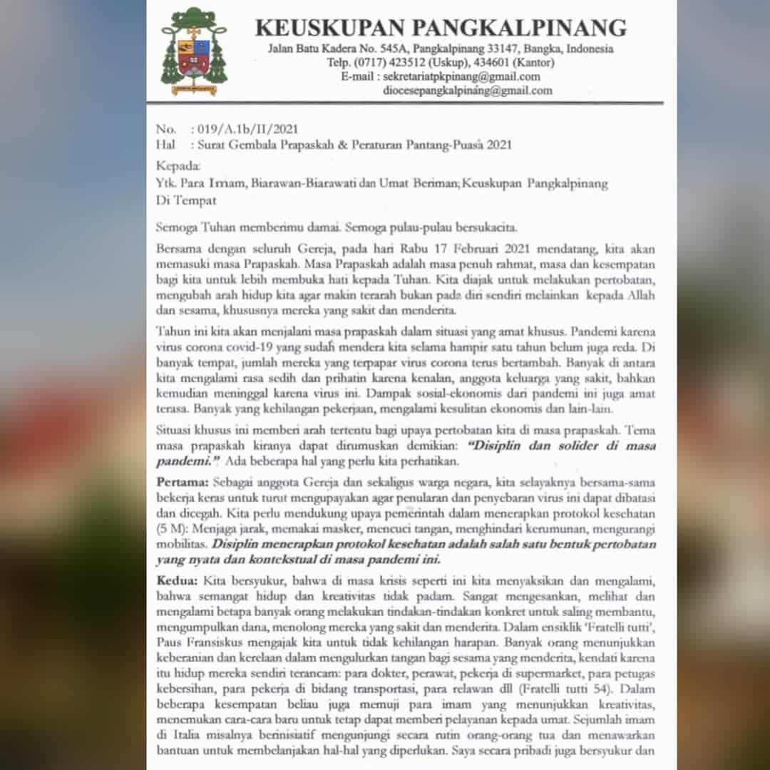 Surat Gembala Prapaskah dari Uskup Keuskupan Pangkalpinang, Mgr. Adrianus Sunarko